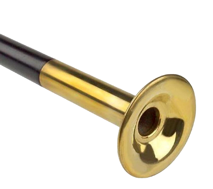 Black powder-coated steel fire tool with a polished brass mouthpiece designed to direct airflow into wood stoves and fireplaces, featured in Stoves and Hearth Accessories collections.