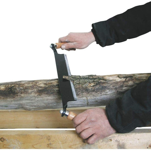 Handcrafted draw shave with solid #45 steel blade and wooden handles, removing bark from a log, designed for fast, precise bark removal in Farm, Garden & Tool, Wood Cutting and Hauling, and Best Sellers collections.