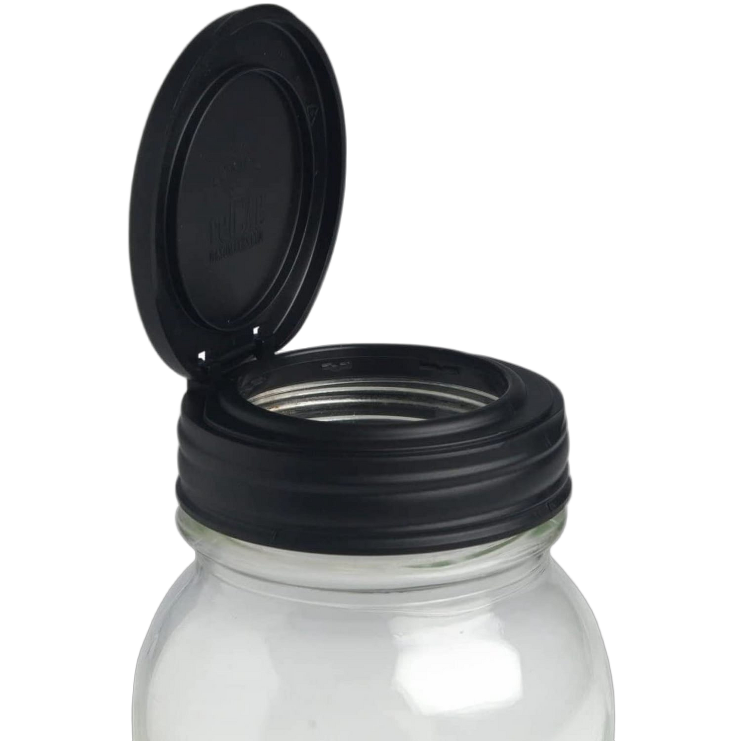Handcrafted black flip top lid on a clear regular mouth jar, made in USA, ideal for Kitchen Gadgets, Household Helpers, Home & Decor, Storage and Serving, and Best Sellers collections.