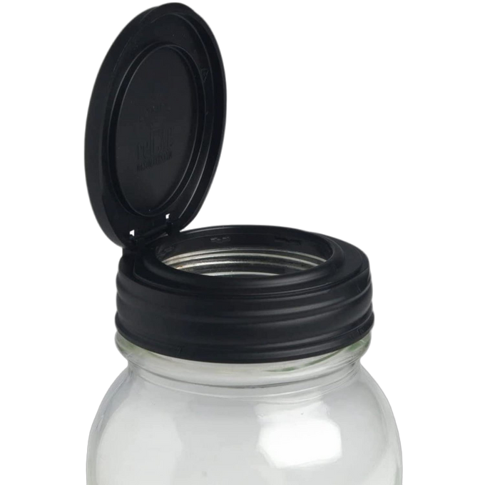 Handcrafted black flip top lid on a clear regular mouth jar, made in USA, ideal for Kitchen Gadgets, Household Helpers, Home & Decor, Storage and Serving, and Best Sellers collections.