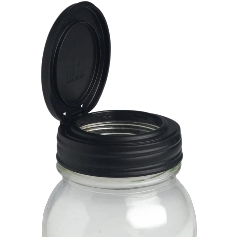 Handcrafted black flip top lid on a clear regular mouth jar, made in USA, ideal for Kitchen Gadgets, Household Helpers, Home & Decor, Storage and Serving, and Best Sellers collections.