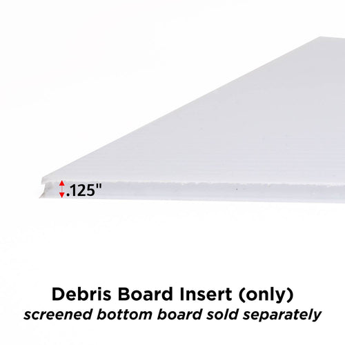 Handcrafted white Coroplast debris board insert measuring 0.125 inches thick, designed to slide into 10-frame screen bases, made in USA and Amish crafted for beekeeping use.