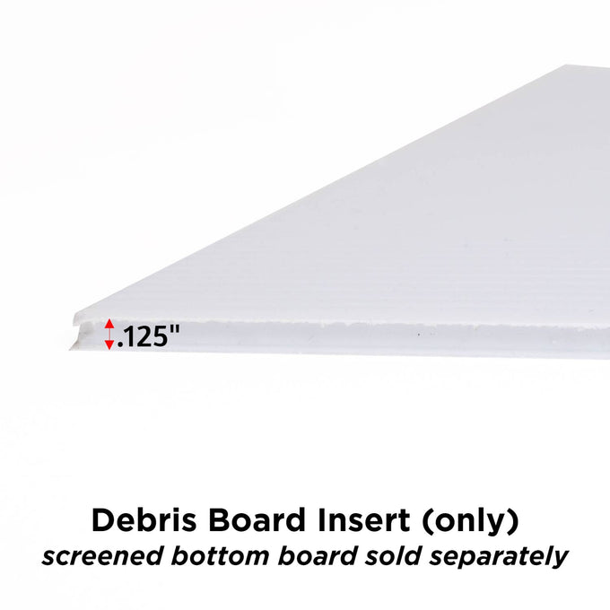 Handcrafted white Coroplast debris board insert measuring 0.125 inches thick, designed to slide into 10-frame screen bases, made in USA and Amish crafted for beekeeping use.