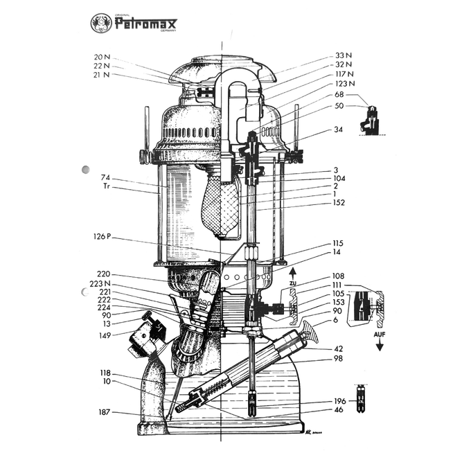 Detailed technical schematic of a Petromax lamp showing labeled internal components and parts, illustrating assembly and function for lamps and lighting, parts and accessories, best sellers, and promo eligible collections.