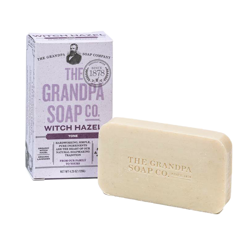 Handcrafted bar soap with natural witch hazel and organic lavender, packaged in a vintage-style box from a USA made brand, featured in Health & Wellness and Soaps collections.