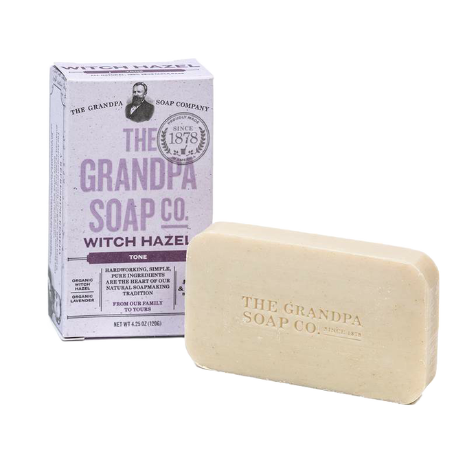 Handcrafted bar soap with natural witch hazel and organic lavender, packaged in a vintage-style box from a USA made brand, featured in Health & Wellness and Soaps collections.