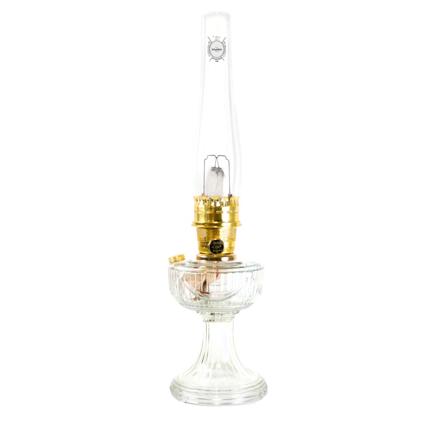 Handcrafted clear glass oil lamp featuring a polished brass burner and tall chimney, made in USA, part of Lamps & Lighting, Oil Lamps, Table Lamps, Best Sellers, and Promo Eligible collections.