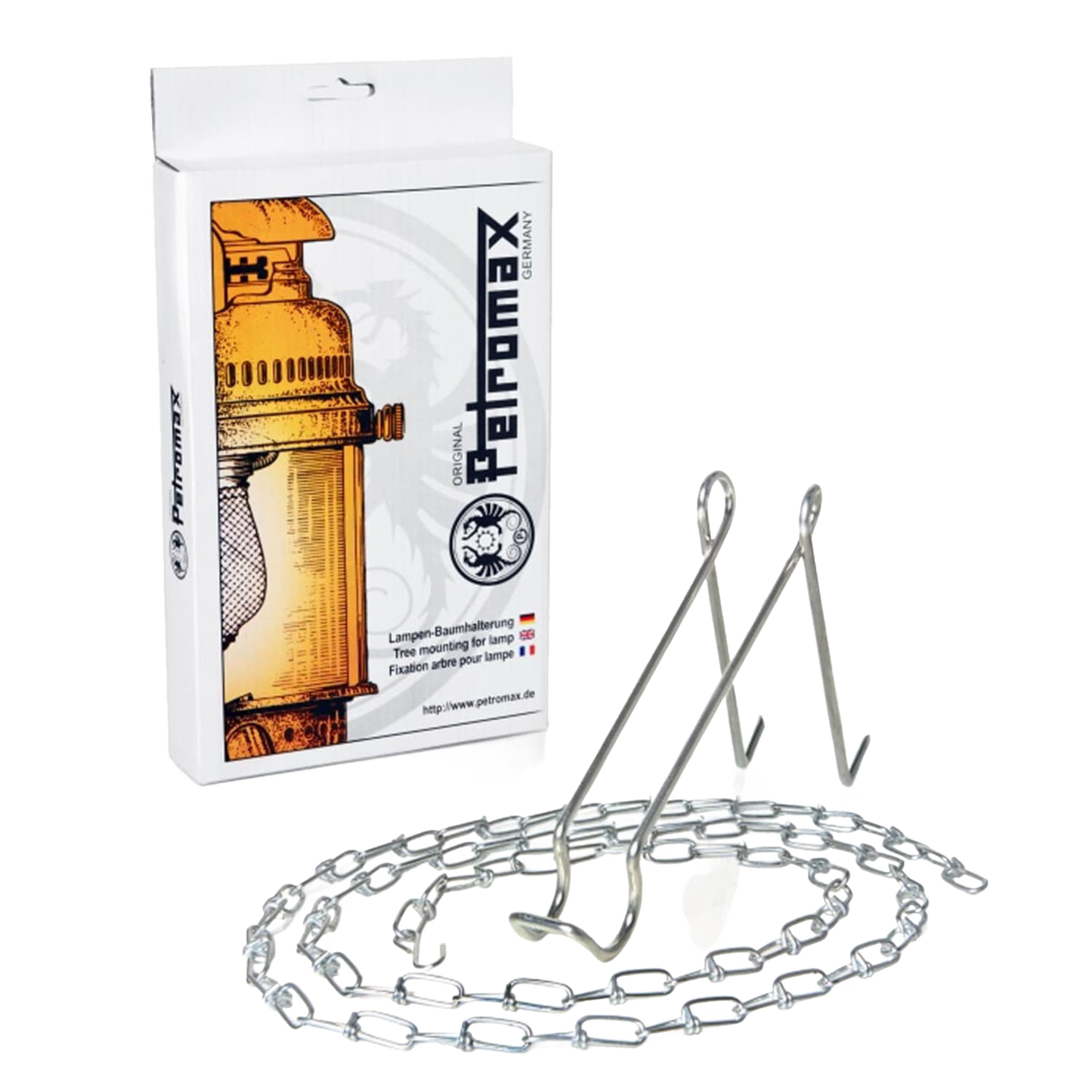 Metal tree lantern hanger with chain and hooks for suspending lamps from trees or posts, suitable for camping, emergency supplies, outdoor lighting, and best seller collections.