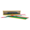 Handcrafted colorful wooden sticks for a classic pick-up sticks game, displayed with a natural wooden storage box, ideal for children's toys and indoor table games collections.