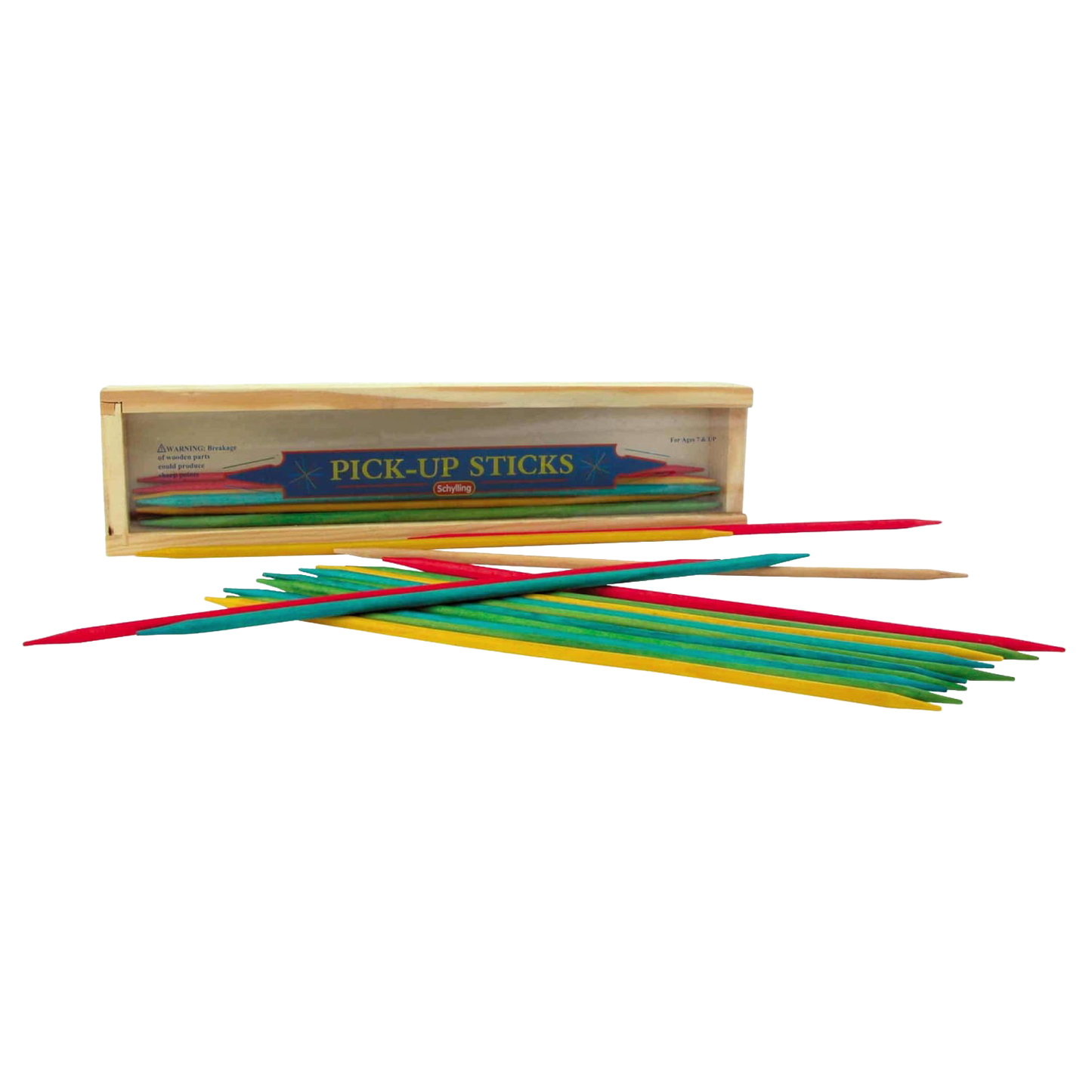 Handcrafted colorful wooden sticks for a classic pick-up sticks game, displayed with a natural wooden storage box, ideal for children's toys and indoor table games collections.