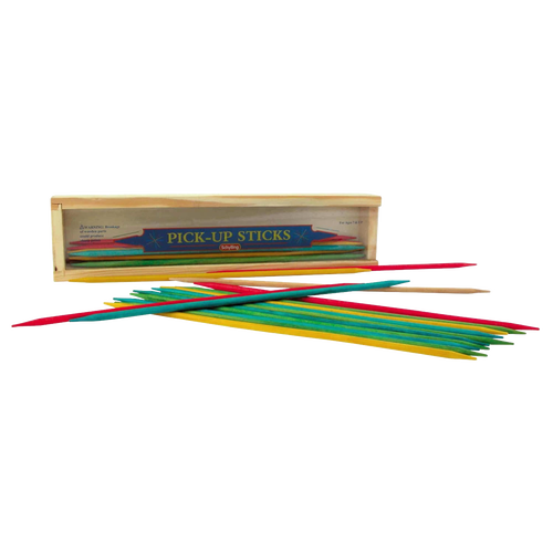 Handcrafted colorful wooden sticks for a classic pick-up sticks game, displayed with a natural wooden storage box, ideal for children's toys and indoor table games collections.
