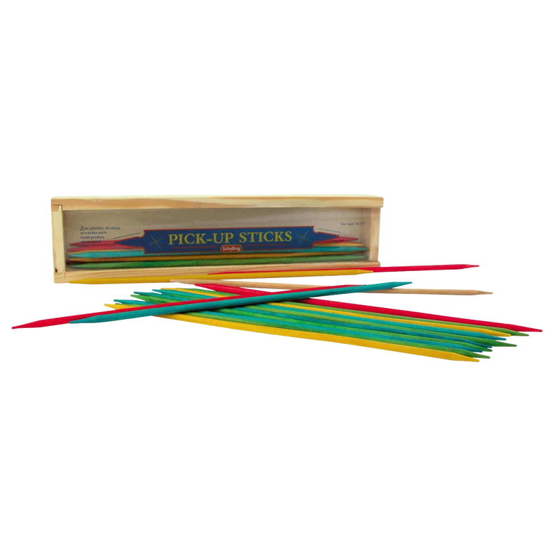 Handcrafted colorful wooden sticks for a classic pick-up sticks game, displayed with a natural wooden storage box, ideal for children's toys and indoor table games collections.