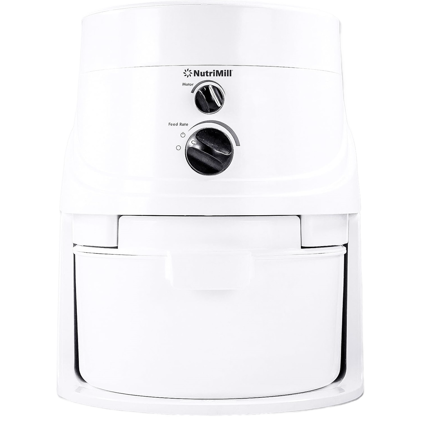 White Nutrimill electric grain mill with adjustable speed and feed rate knobs, designed for quiet, efficient grain grinding in Kitchen & Food, Grain Mills, Best Sellers, and Bread Making Supplies collections.
