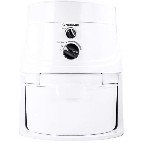 White Nutrimill electric grain mill with adjustable speed and feed rate knobs, designed for quiet, efficient grain grinding in Kitchen & Food, Grain Mills, Best Sellers, and Bread Making Supplies collections.