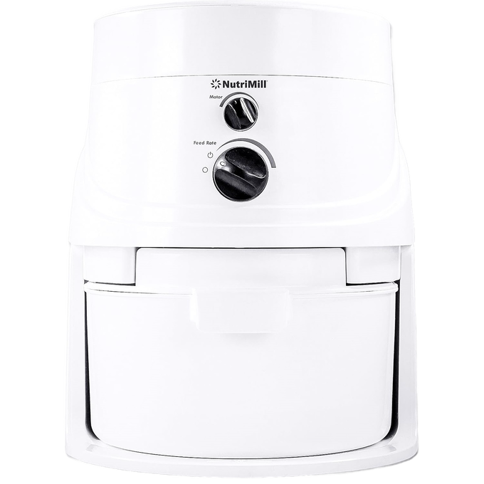 White Nutrimill electric grain mill with adjustable speed and feed rate knobs, designed for quiet, efficient grain grinding in Kitchen & Food, Grain Mills, Best Sellers, and Bread Making Supplies collections.