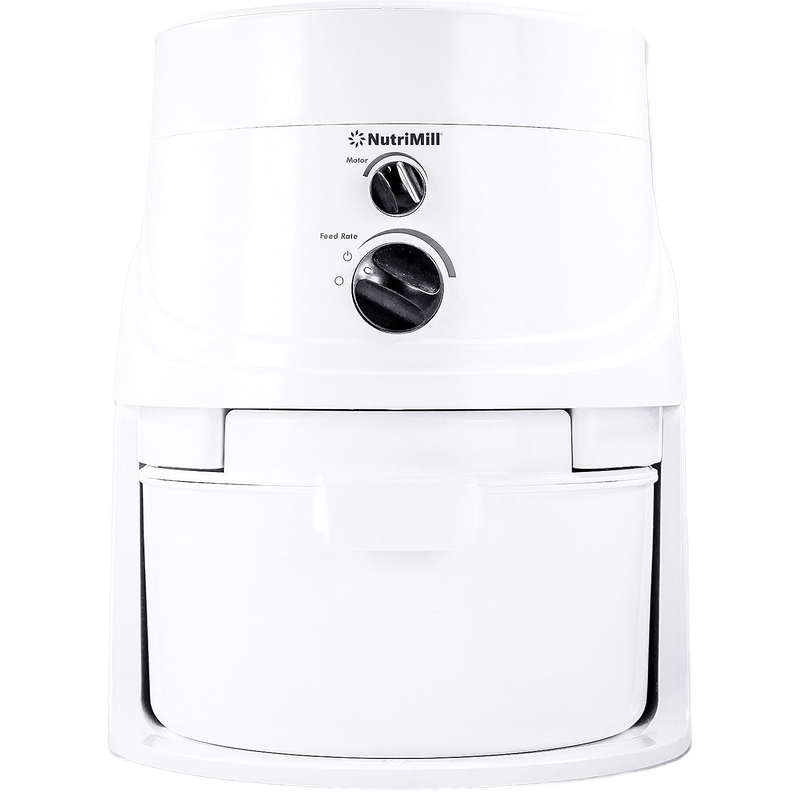 White Nutrimill electric grain mill with adjustable speed and feed rate knobs, designed for quiet, efficient grain grinding in Kitchen & Food, Grain Mills, Best Sellers, and Bread Making Supplies collections.