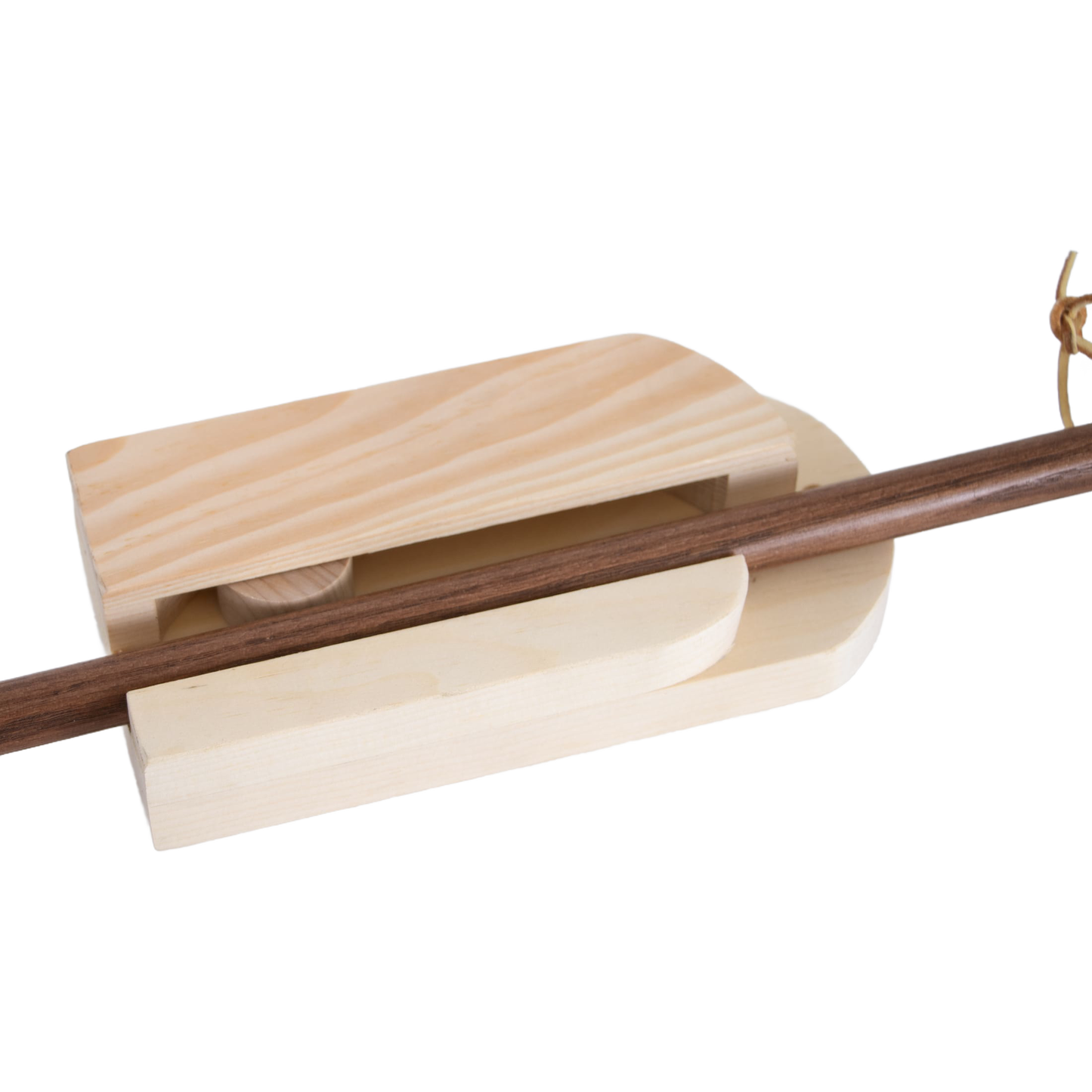 Handcrafted Amish made wooden wall-mounted broom holder in natural wood finish with sliding ball mechanism for secure broom storage, featured in Home & Decor and Household Helpers collections.