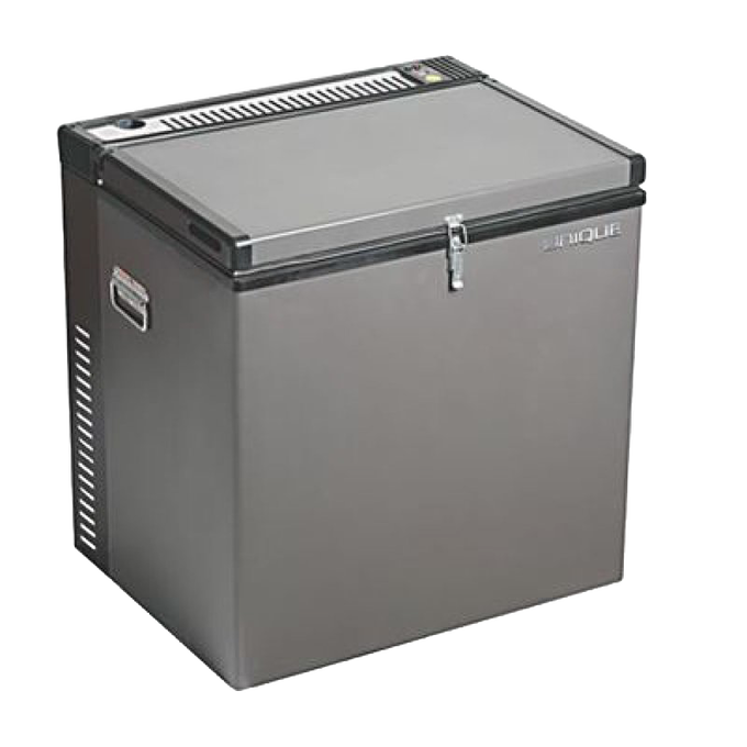 Compact charcoal-colored portable freezer with side carrying handles and secure latch, designed for ease of use and durability in the Appliances, Refrigerators and Freezers, Best Sellers, and All Stoves & Appliances collections.