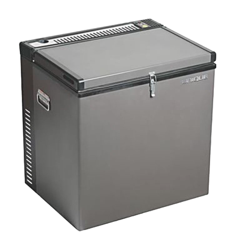 Compact charcoal-colored portable freezer with side carrying handles and secure latch, designed for ease of use and durability in the Appliances, Refrigerators and Freezers, Best Sellers, and All Stoves & Appliances collections.
