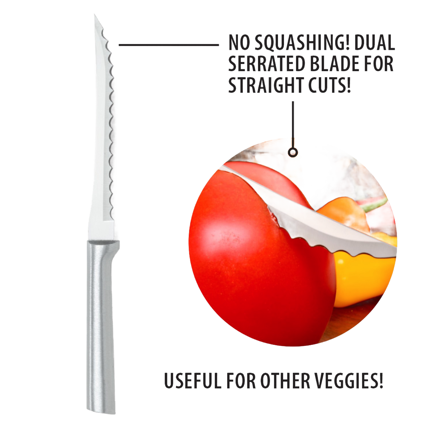 Hand-sharpened high carbon stainless steel tomato slicer with dual serrated blade and solid aluminum handle, designed for paper-thin slicing and effective cutting of peppers, handcrafted in USA collections.