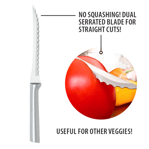 Hand-sharpened high carbon stainless steel tomato slicer with dual serrated blade and solid aluminum handle, designed for paper-thin slicing and effective cutting of peppers, handcrafted in USA collections.