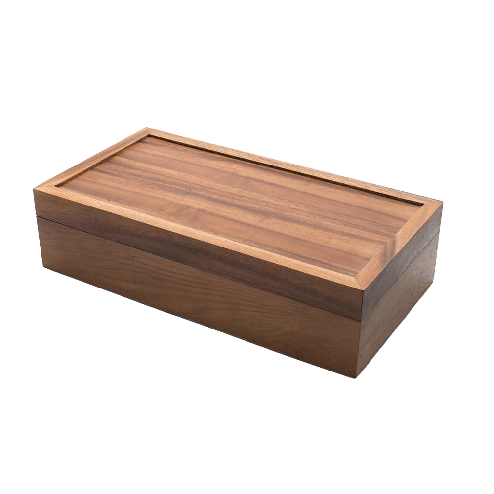 Handcrafted acacia wood tea box with a smooth sliding lid and rich natural grain, designed for organized tea storage in Kitchen & Food and Brewing Coffee and Tea collections.