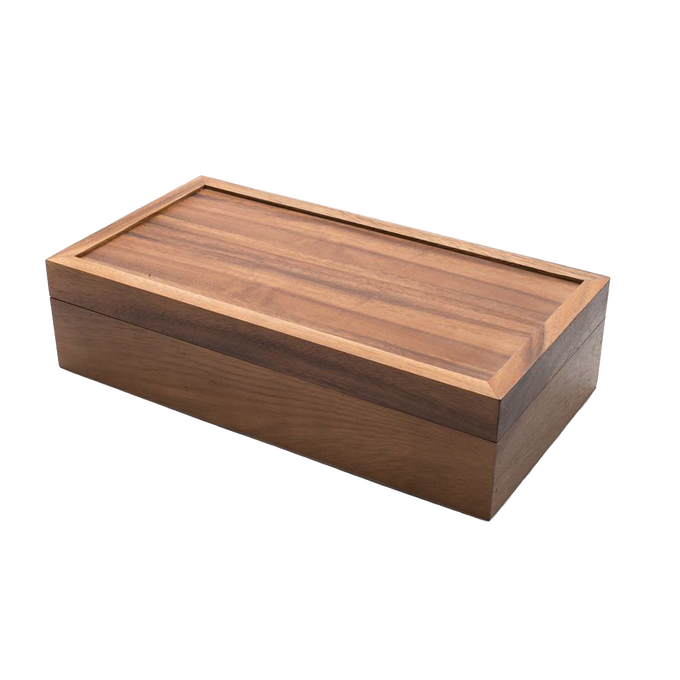 Handcrafted acacia wood tea box with a smooth sliding lid and rich natural grain, designed for organized tea storage in Kitchen & Food and Brewing Coffee and Tea collections.