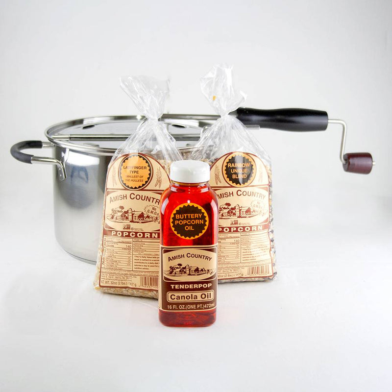 Handcrafted Amish made stovetop popcorn popper set including stainless steel pot with crank, two bags of popcorn kernels, and bottle of buttery canola oil, ideal for Kitchen & Food, Snacks and Sweets, Popcorn, and Best Sellers collections.