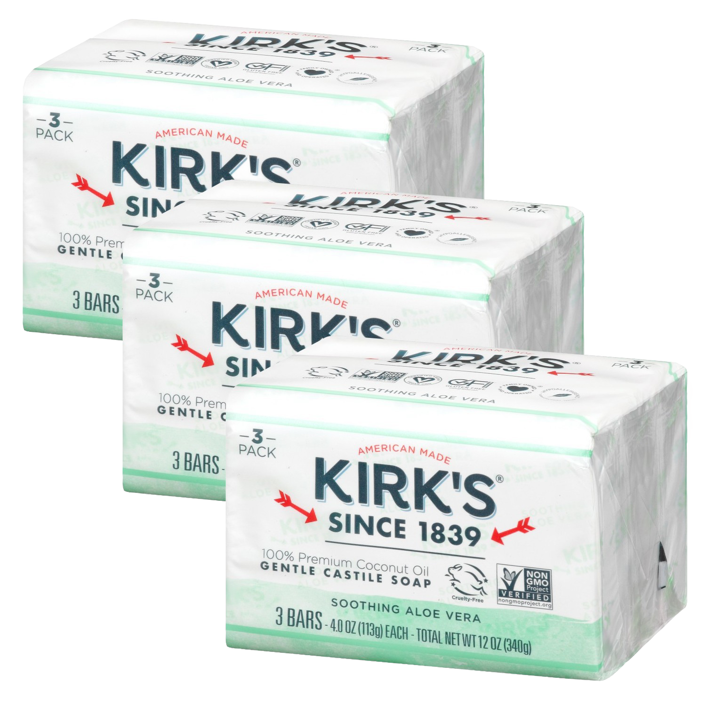 Three-pack of American made castile soap bars with soothing aloe vera and gentle coconut oil formula, ideal for Health & Wellness and Grooming and Personal Hygiene collections.