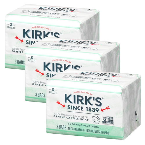 Three-pack of American made castile soap bars with soothing aloe vera and gentle coconut oil formula, ideal for Health & Wellness and Grooming and Personal Hygiene collections.