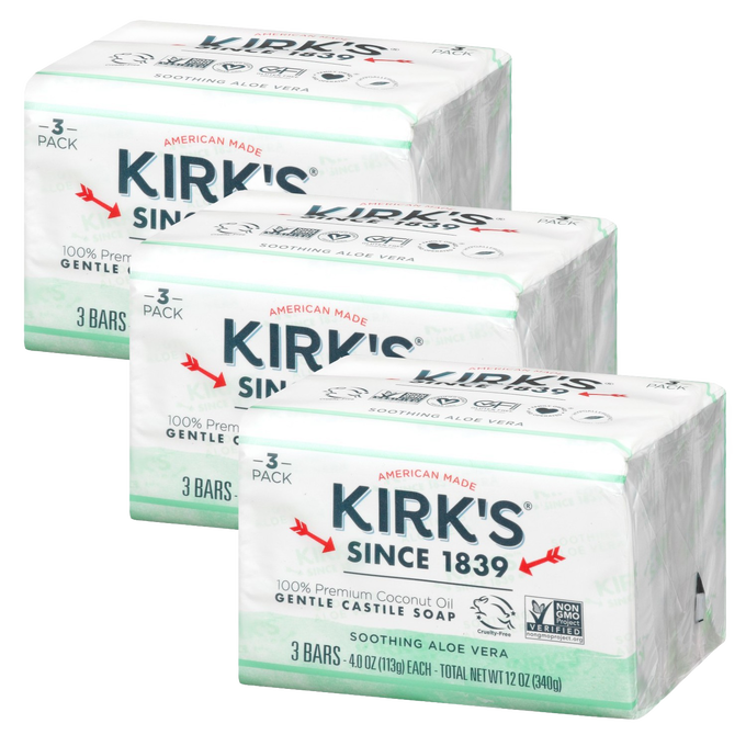 Three-pack of American made castile soap bars with soothing aloe vera and gentle coconut oil formula, ideal for Health & Wellness and Grooming and Personal Hygiene collections.