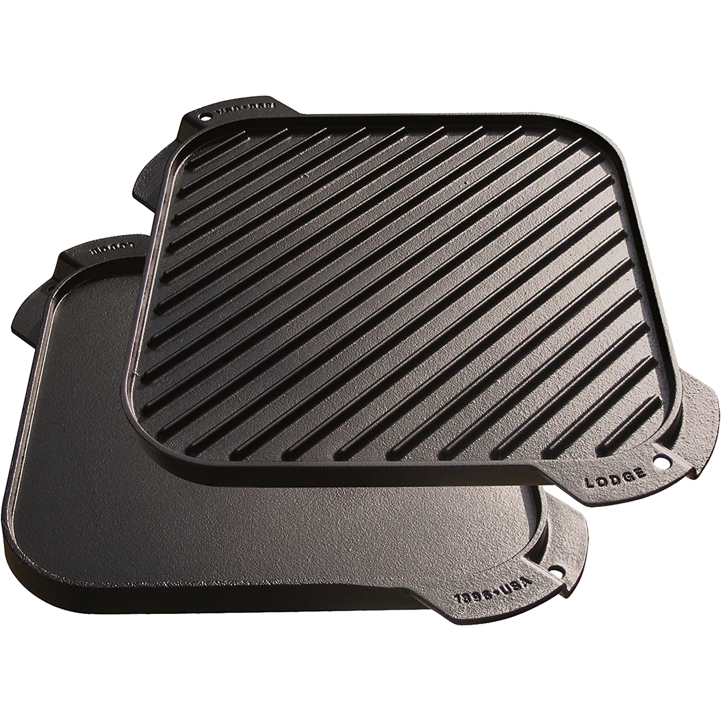 Square cast iron reversible grill and griddle with smooth and ribbed cooking surfaces, handcrafted in USA, ideal for Kitchen & Food, Cookware, Cast Iron, and Best Sellers collections.