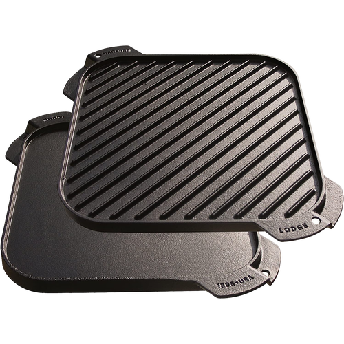 Square cast iron reversible grill and griddle with smooth and ribbed cooking surfaces, handcrafted in USA, ideal for Kitchen & Food, Cookware, Cast Iron, and Best Sellers collections.
