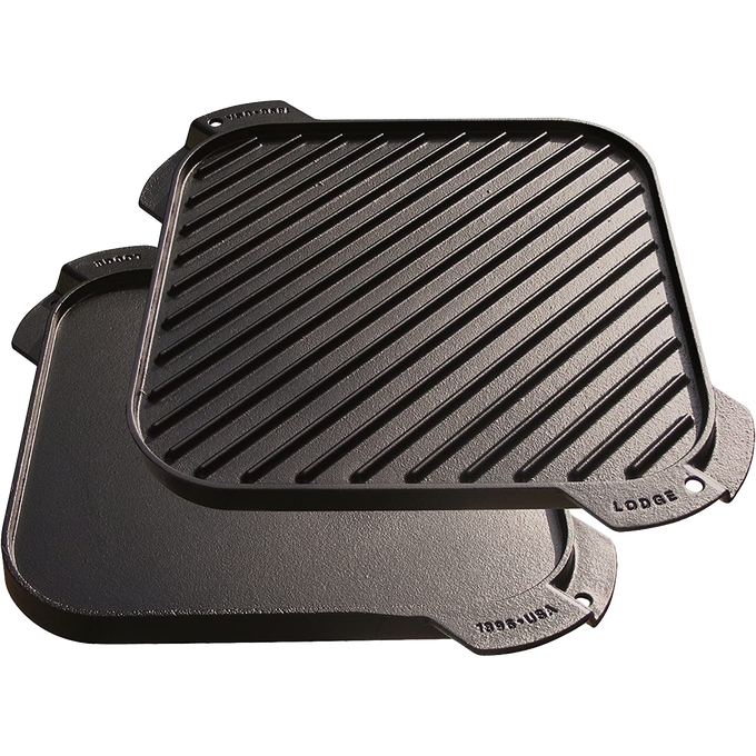 Square cast iron reversible grill and griddle with smooth and ribbed cooking surfaces, handcrafted in USA, ideal for Kitchen & Food, Cookware, Cast Iron, and Best Sellers collections.