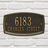 Custom black address plaque with raised bronze numbers and letters displaying "6183 Charles Street," featuring a traditional arched border, part of Home & Decor and USA Made collections.