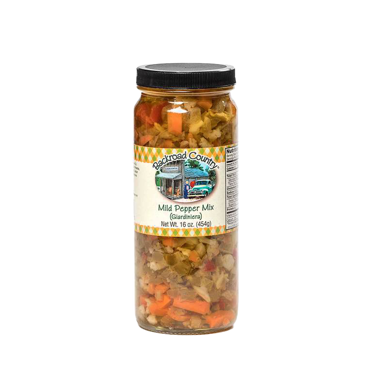 Glass jar of handcrafted mild pepper mix featuring chopped vegetables in a brine, made in USA, ideal for Kitchen & Food, Pantry, and Best Sellers collections at Lehman’s.