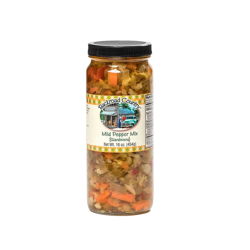 Glass jar of handcrafted mild pepper mix featuring chopped vegetables in a brine, made in USA, ideal for Kitchen & Food, Pantry, and Best Sellers collections at Lehman’s.