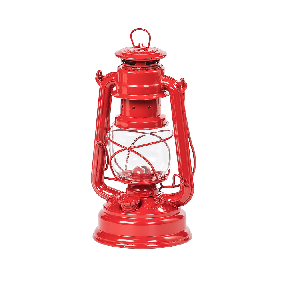 Bright red galvanized oil lantern with heat-resistant SUPRAX globe and durable metal frame, ideal for camping, emergency supplies, and outdoor lighting in best sellers and promo collections.