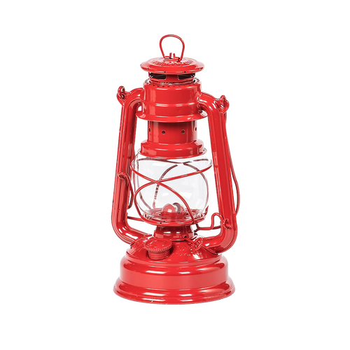 Bright red galvanized oil lantern with heat-resistant SUPRAX globe and durable metal frame, ideal for camping, emergency supplies, and outdoor lighting in best sellers and promo collections.