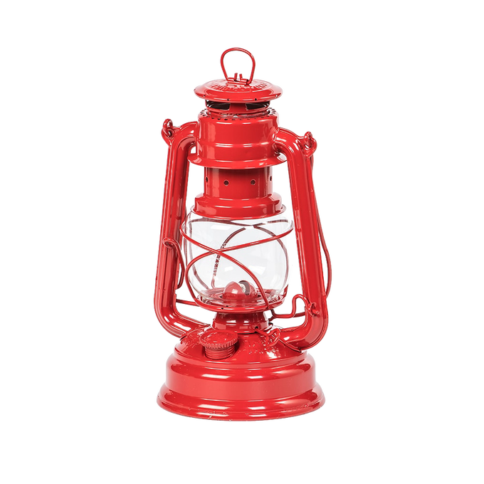 Bright red galvanized oil lantern with heat-resistant SUPRAX globe and durable metal frame, ideal for camping, emergency supplies, and outdoor lighting in best sellers and promo collections.