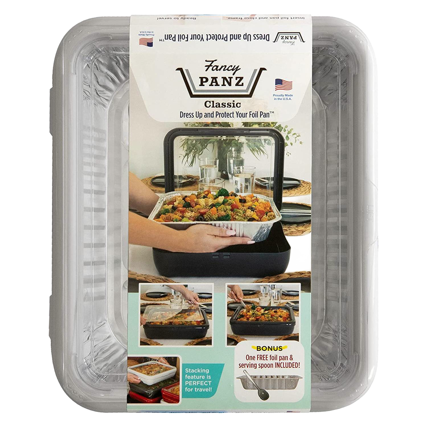 Clear plastic cover with handle for 9x13 foil pan, designed to protect and dress up food during transport, featuring a removable window and made in USA, ideal for Kitchen & Food and Storage collections.