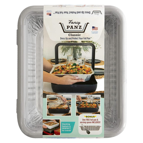 Clear plastic cover with handle for 9x13 foil pan, designed to protect and dress up food during transport, featuring a removable window and made in USA, ideal for Kitchen & Food and Storage collections.