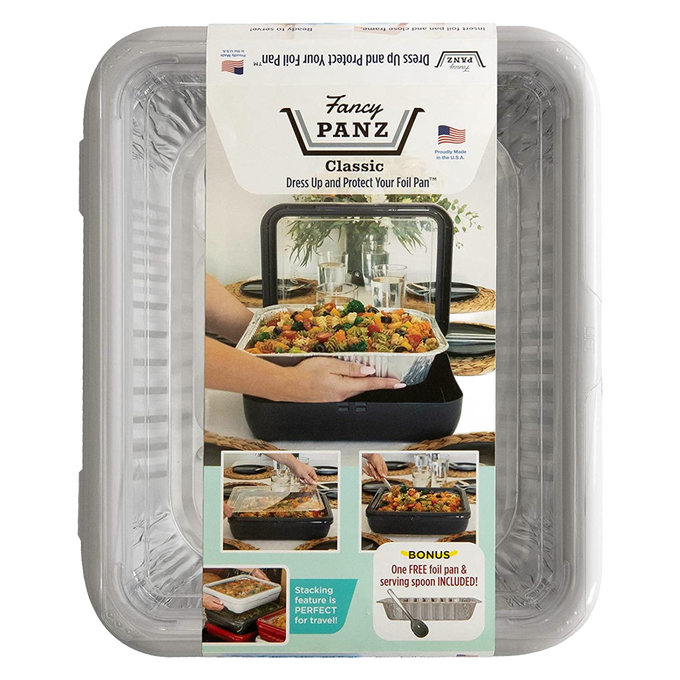 Clear plastic cover with handle for 9x13 foil pan, designed to protect and dress up food during transport, featuring a removable window and made in USA, ideal for Kitchen & Food and Storage collections.