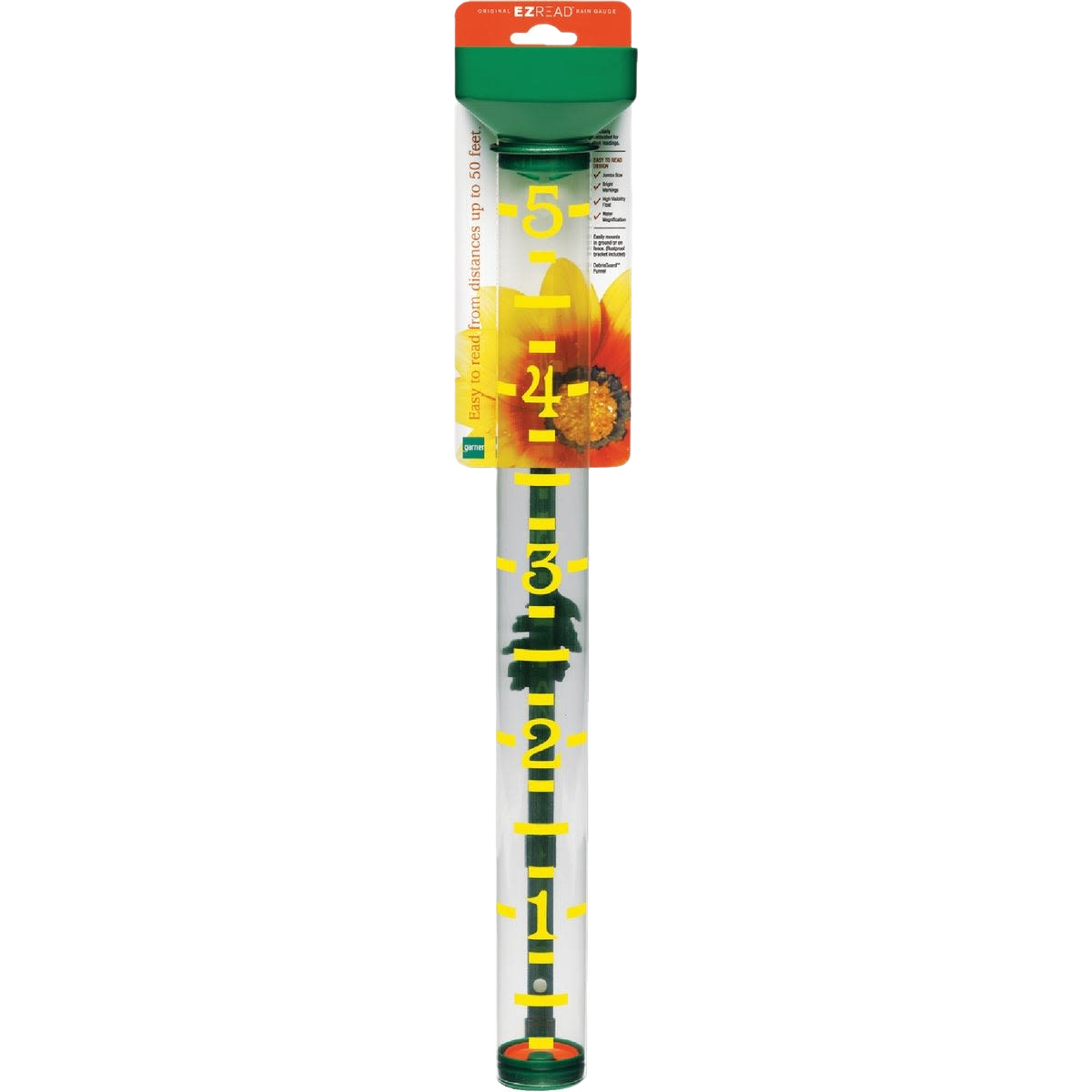 Clear plastic rain gauge with bright yellow measurement markings up to 5 inches, green top and float, easy-to-read from a distance, designed for garden and farm use, USA Made accessory