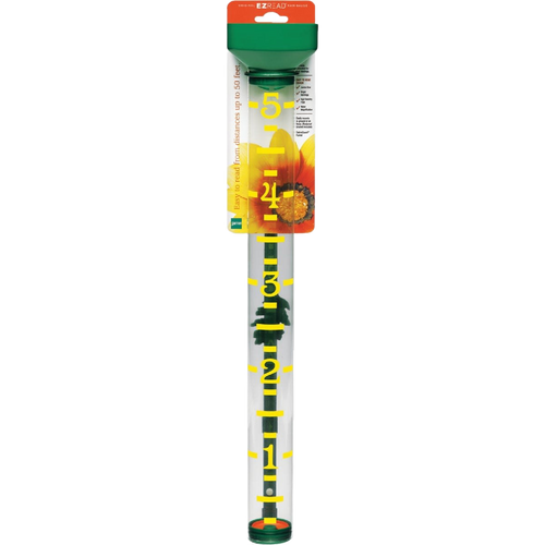 Clear plastic rain gauge with bright yellow measurement markings up to 5 inches, green top and float, easy-to-read from a distance, designed for garden and farm use, USA Made accessory