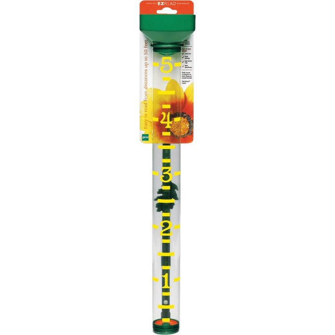 Clear plastic rain gauge with bright yellow measurement markings up to 5 inches, green top and float, easy-to-read from a distance, designed for garden and farm use, USA Made accessory