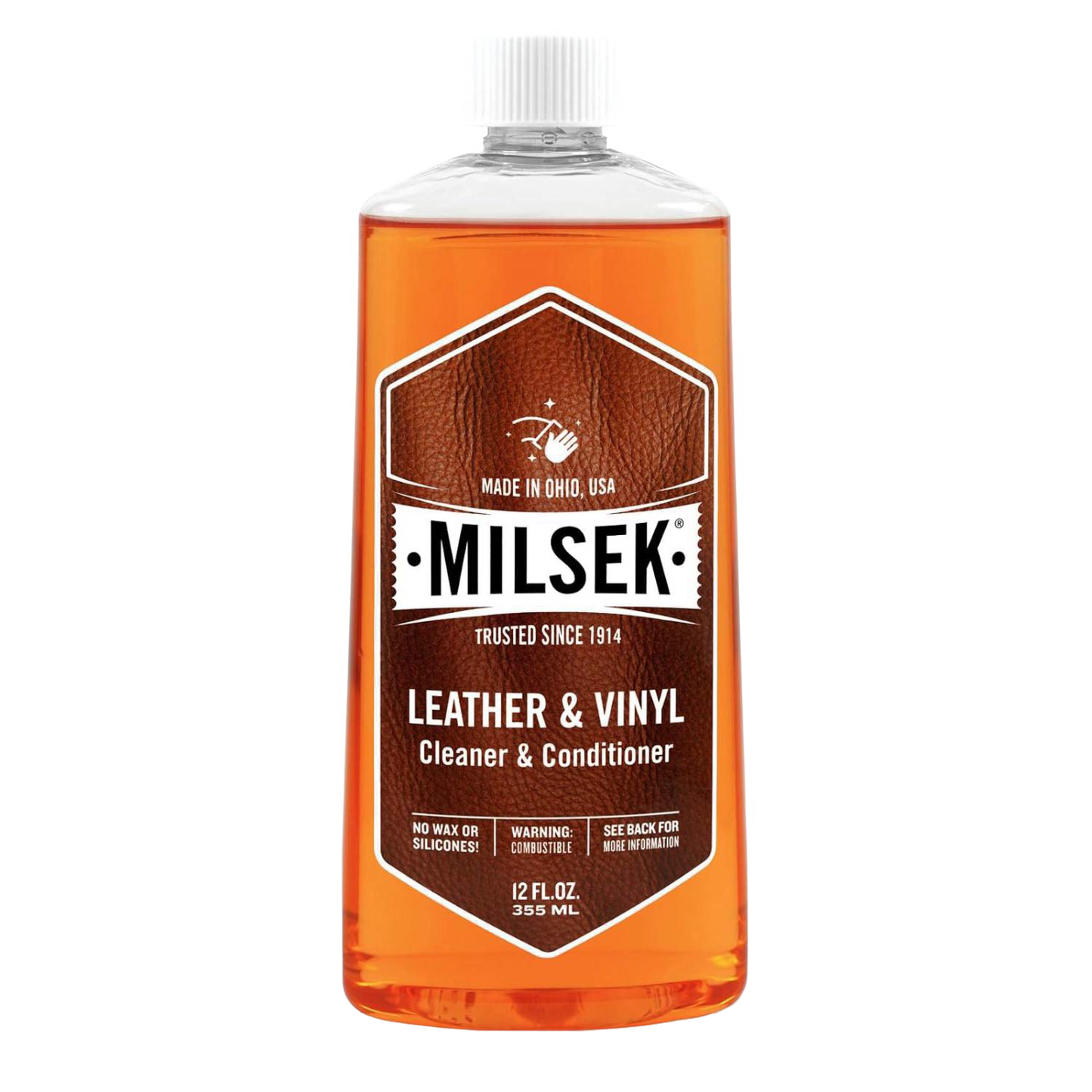 Clear plastic bottle filled with amber-colored liquid labeled as a leather and vinyl cleaner and conditioner made in USA, ideal for Home & Decor, Household Cleaning, and Best Sellers collections.