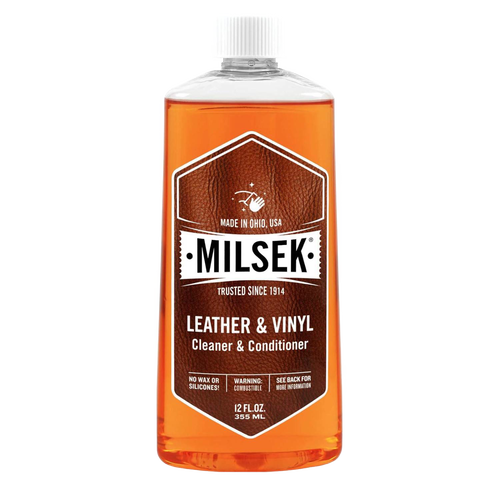 Clear plastic bottle filled with amber-colored liquid labeled as a leather and vinyl cleaner and conditioner made in USA, ideal for Home & Decor, Household Cleaning, and Best Sellers collections.