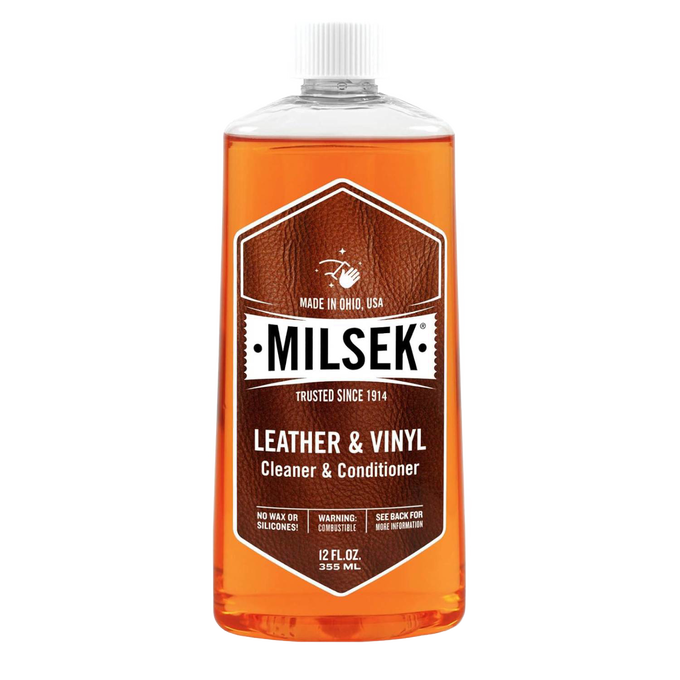Clear plastic bottle filled with amber-colored liquid labeled as a leather and vinyl cleaner and conditioner made in USA, ideal for Home & Decor, Household Cleaning, and Best Sellers collections.