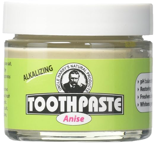 Small handcrafted glass jar of anise-flavored alkalizing toothpaste in a white lid and bright green label, promoting Health & Wellness, Grooming and Personal Hygiene, USA Made, Best Sellers, and Promo Eligible collections.